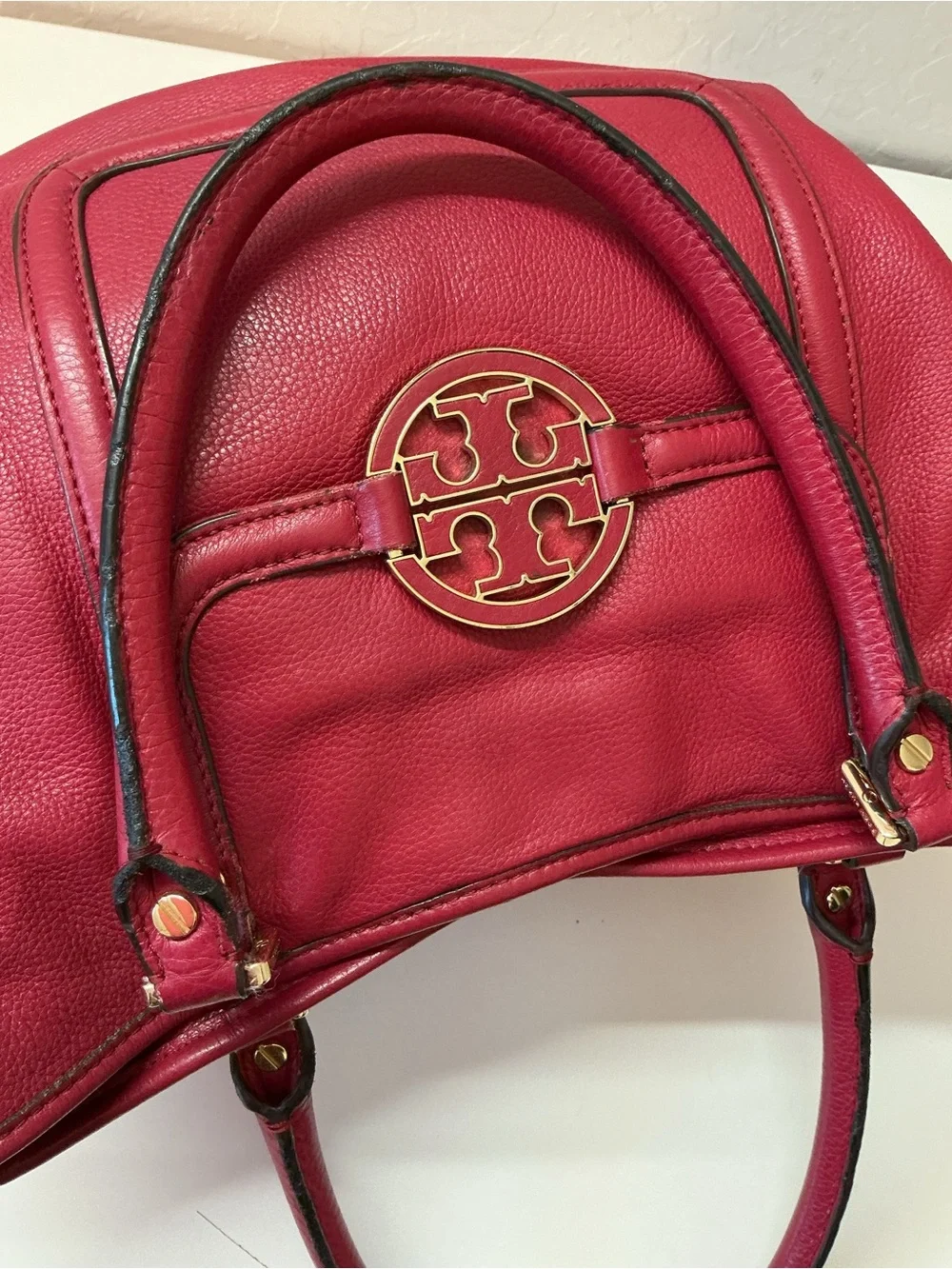 Tory Burch Amanda Pebbled Leather Red Raspberry crossbody tote bag